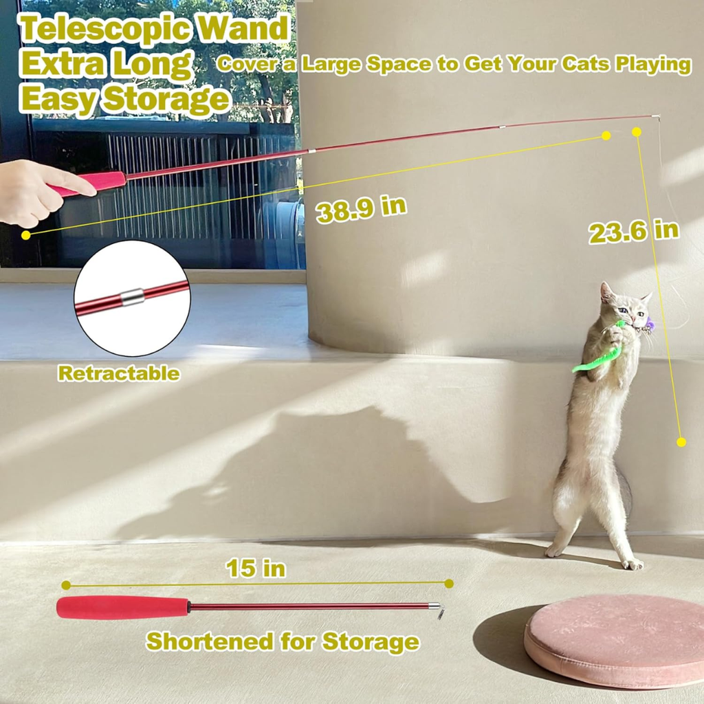 Retractable Feather Wand Cat Toy Set – 2 Wands + 9 Refills – view 3