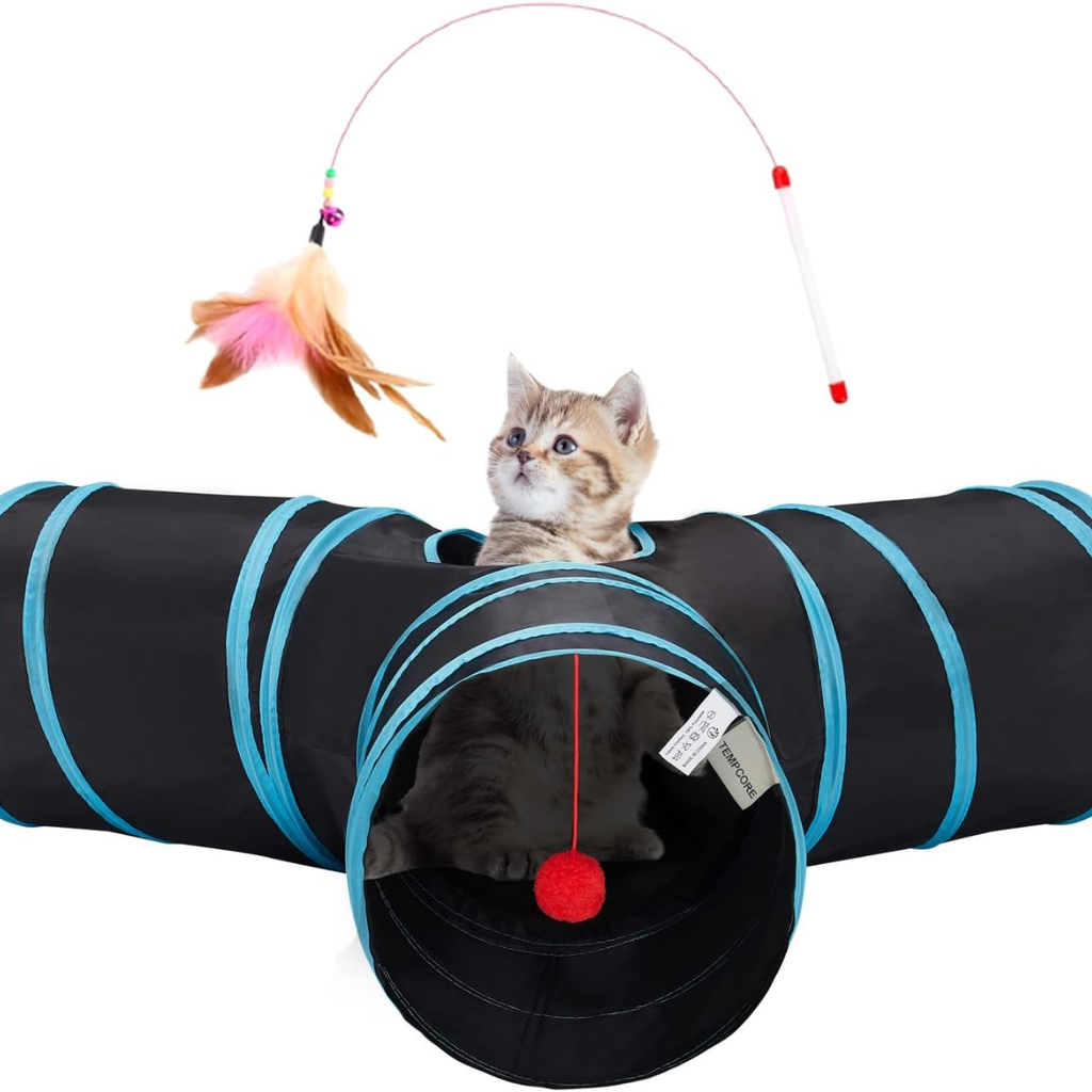 3-Way Collapsible Cat Tunnel with Teaser Wand – Happy Tails Co.