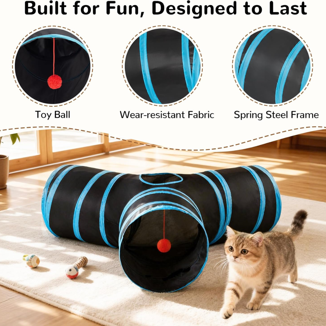3-Way Collapsible Cat Tunnel with Teaser Wand – view 2