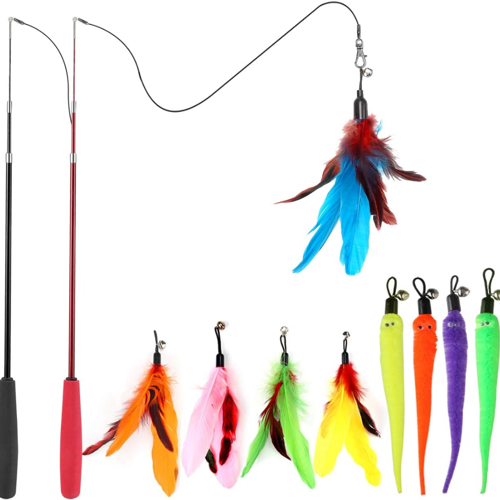 Retractable Feather Wand Cat Toy Set – 2 Wands + 9 Refills – Happy Tails Co.