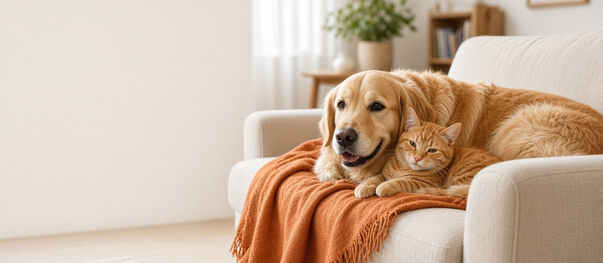 Happy dog and cat relaxing together at home